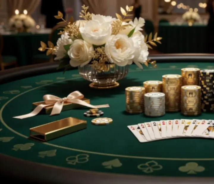 Detail luxusně nazdobeného pokerového stolu s dekoracemi a kartami