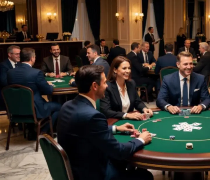 Elegantní firemní pokerový večer s hosty u tematicky nasvícených stolů