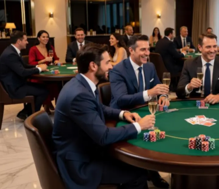 Luxusní pokerový večírek v moderním světlém eventovém prostoru s hosty u herních stolů