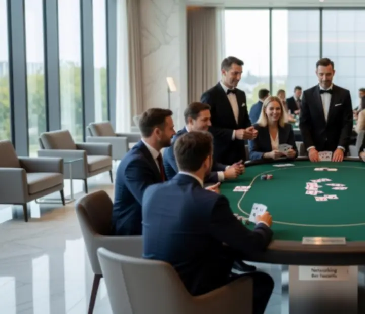 Firemní pokerový event s hosty u osvětlených stolů a profesionálními dealery.