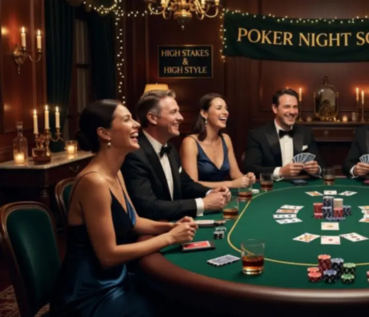 Autentická lifestyle fotografie z pokerového večírku s hosty u stylově nazdobených stolů