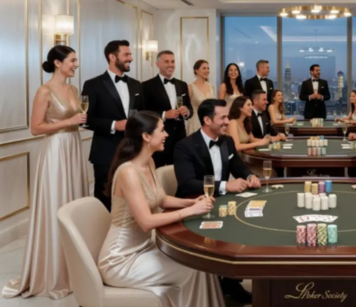 Luxusní pokerový event Mistiora s elegantně oblečenými hosty u herních stolů