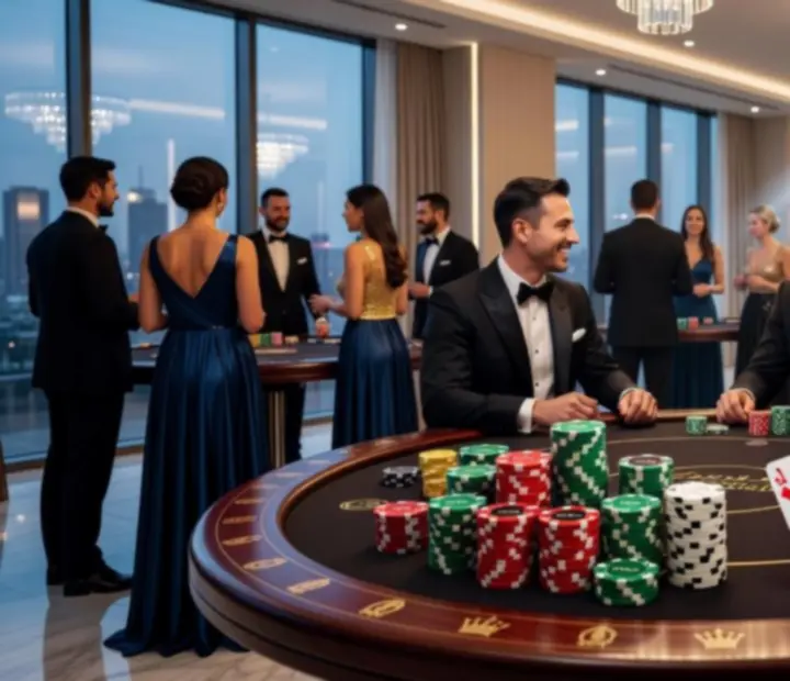 Luxusní pokerový večer Mistiora s hosty u tematicky nasvícených stolů.