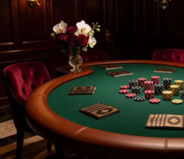 Elegantní pokerový stůl s luxusní výzdobou a židlemi