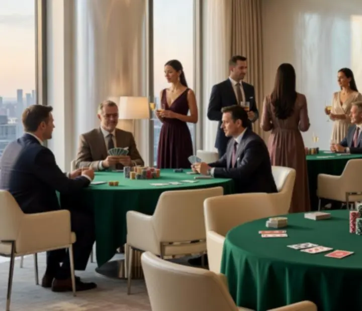 Luxusně nasvícený pokerový event prostor Mistiora s moderním designem a herními stoly