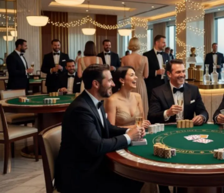 Luxusní pokerová párty v moderním prostředí s hosty u osvětlených stolů.