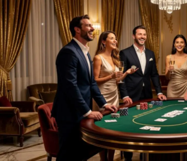 Společenský pokerový večer Mistiora s hosty u luxusně nasvícených stolů