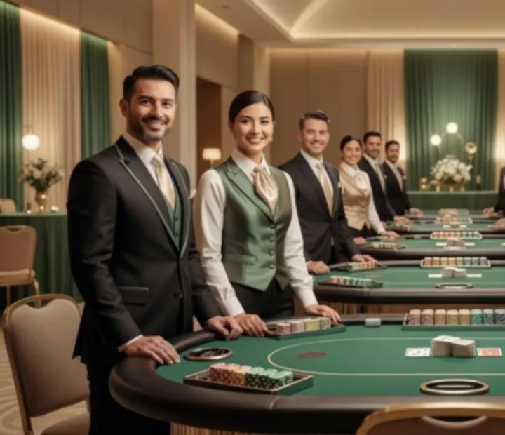 Profesionální tým dealerů Mistiora připravený na pokerový večer