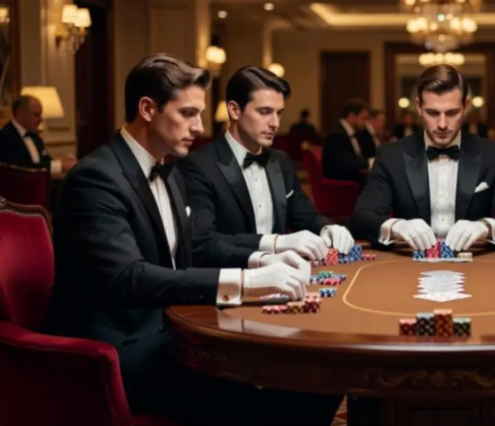 Profesionální krupiéři v oblecích vedou společenskou pokerovou hru.