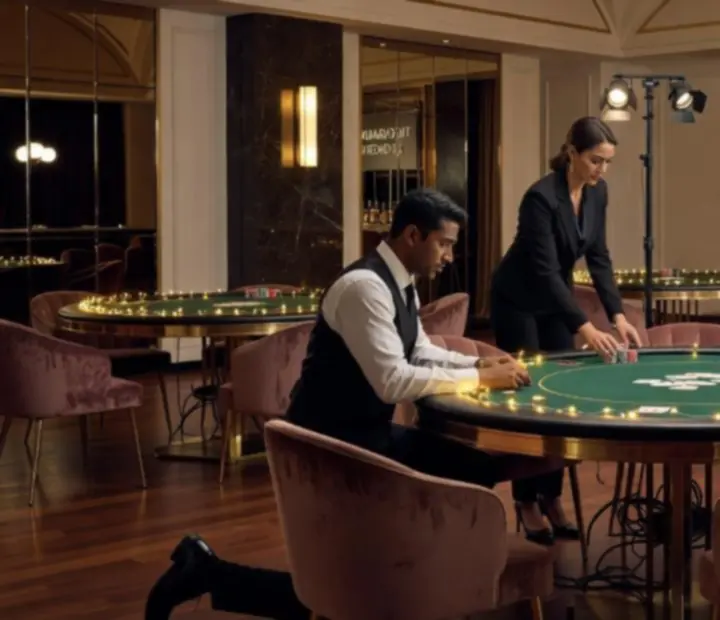 Produkční tým Mistiora připravuje pokerové stoly, techniku a výzdobu před začátkem večírku.