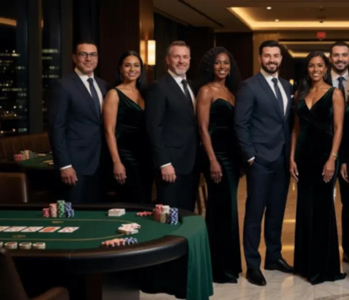 Tým Mistiora během luxusního pokerového večírku ve světlém moderním prostoru.
